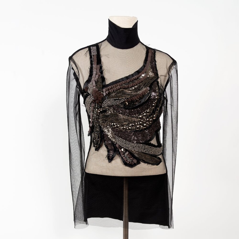 Black Sheer Mesh Embellished Turtleneck Top